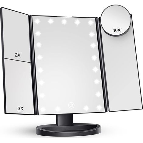 Miroir de maquillage avec lumière LED, écran tactile réglable et grossissement 1x/2x/3x, miroir de maquillage à trois volets
