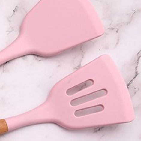 Ensemble de 11 ustensiles de cuisine en silicone avec manche en bois, seau de rangement, ensemble de cuillères et spatules de cuisine en silicone de dix couleurs, boîte colorée. (1/5)