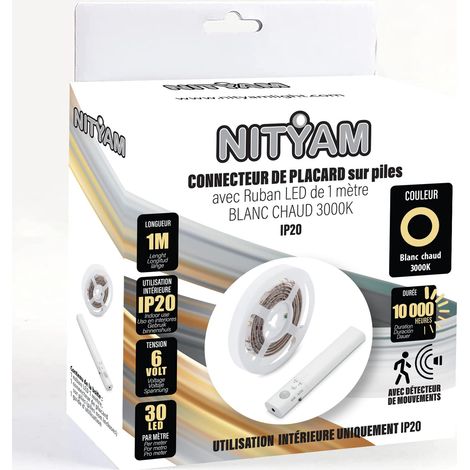 NITYAM Connettore armadio con striscia LED 1 metro bianco caldo (3000K) con rilevatore di movimento, connettore batteria, IP20 solo per uso interno