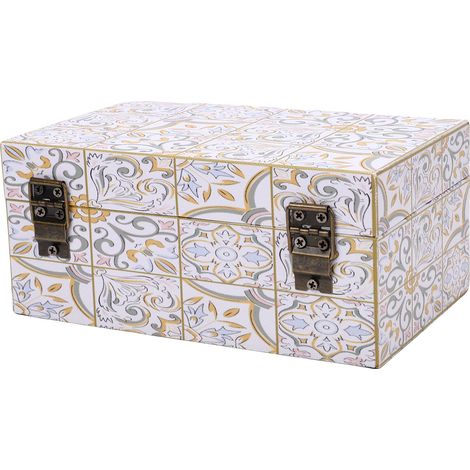 Boîte de rangement en cuir et bois, boîte à bijoux décorative de bureau, anti-poussière, avec boucle, pour boucles d'oreilles et colliers. (1/5)