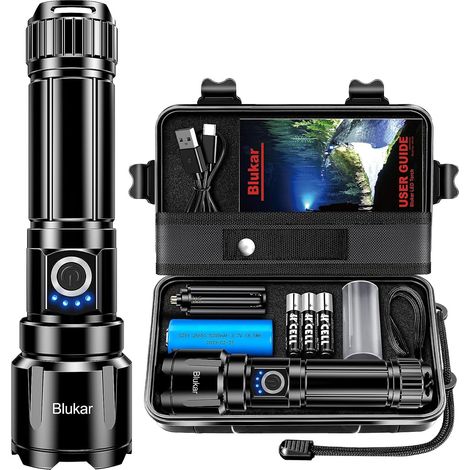 Lampe Torche LED Ultra Puissante, Lampe de Poche Rechargeable, Lampe Torche Tactique, 5000mAh Batterie, IPX6 Étanche, 5 Modes & Zoomable pour Camping/Urgence(avec 3 Piles AAA) (1/5)