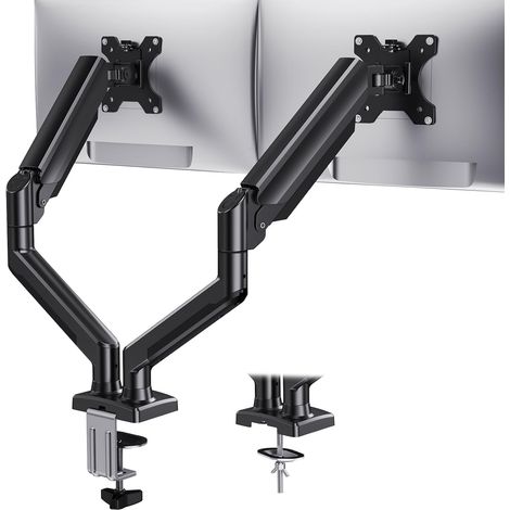 Applicable Montage de moniteur double pour 2 moniteurs jusqu'à 32 pouces, Chaque bras tient Max 22lbs, Support de moniteur double avec système de ressort à gaz, réglable en hauteur / inclinaison / piv (1/5)