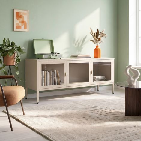 Meuble TV industriel en métal 130cm 3 portes, beige et verre trempé EZRA (1/5)