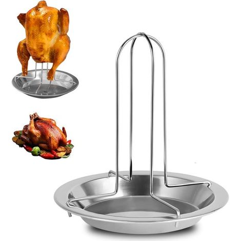 Grille à poulet - Support de rôtissage - Plat à rôtir en acier inoxydable pour poulet - Accessoires de barbecue - Support en acier inoxydable pour barbecue et camping - 16,5 cm - Avec bac récupérateur (1/5)