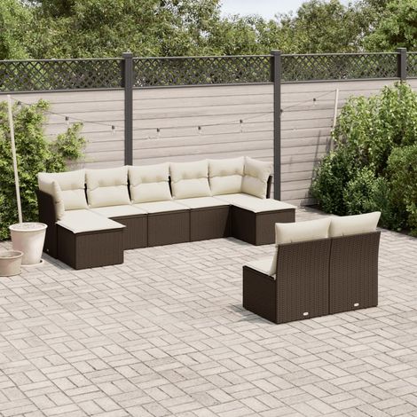 Set de Jardin Modulaire 9 Places avec Stockage - Résine Tressée Marron, Coussins Blanc Crème (2 Coins + 5 Centraux + 2 Poufs) (1/3)