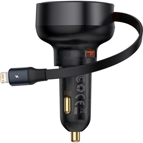 Cargador de coche USB-A Baseus Enjoyment Pro de 55 W con cable Lightning retráctil - Negro (1/5)