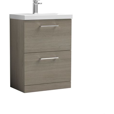Balterley Floor Standing 2 Soft Close Drawer & Thin-Edge Bathroom Vanity Unit Basin, Solace Oak, 600mm (1/4)