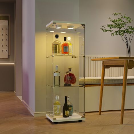 Vetrina espositiva 36x42x125 cm con illuminazione LED regolabile e serratura, mobile con 1 anta e 3 ripiani, vetro temperato, MDF e metallo, bianca