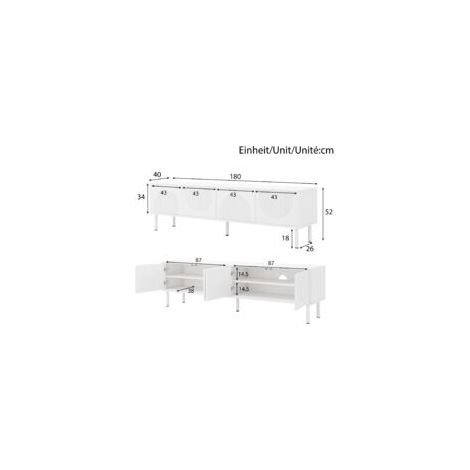 Meuble TV blanc moderne – Dimensions 180 x 40 x 52 cm, finition mate, gestion des câbles, design minimaliste, 4 compartiments de rangement – Épuré et organisé (1/5)