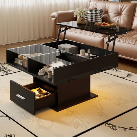 Tavolino da caffè sollevabile 78x78x59,5 cm nero, LED e vano contenitore, truciolare, MEUBLIV (1/5)