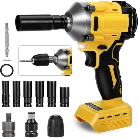 Clé d'impact sans fil, pistolet d'impact sans brosse 1000Nm 1/2 pouce compatible avec Dewalt 18 V 21 V, pilote d'impact électrique 3 vitesses de réglage et 12 accessoires -NO batterie (1/5)