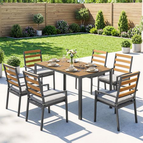 tlg. Sitzgruppe Gartenmöbel-Set, Gartengarnitur mit 1 Esstisch, 6 Stühlen, Kissen, für Terrasse, Naturholz