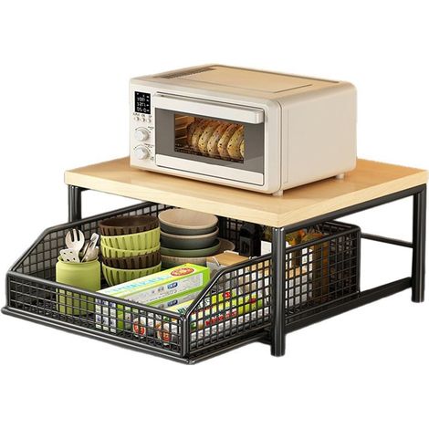 Organisateur de plan de travail de cuisine économiseur d'espace avec tiroirs et panier de fil étagère en bois robuste pour machine à café noir (1/5)