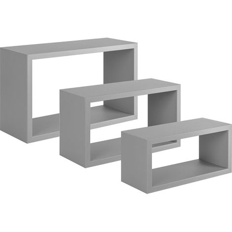 Conjunto de 3 estantes de pared, librería flotante, color gris piedra, medidas: 45x27 p15,5 cm, 40x22 p15,5 cm e 35x17 p15,5 cm - Tríptico (1/4)