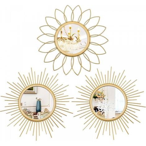 Lot de 3 miroirs dorés pour Mur en métal Effet Soleil - Décoration Murale à Suspendre pour Salon, Chambre à Coucher, entrée (1/5)