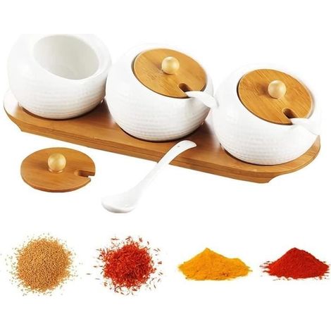 Pot à épices - Exquis - Céramique + Bambou - 3 Récipients avec Couvercles - Plateau de Service Inclus (1/4)