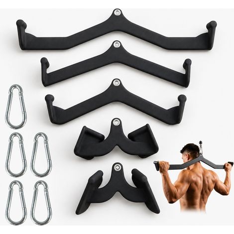 Relaxdays Barra de polea, 5 piezas, remo y jalones, fitness, acero y PVC, antideslizante, negro (1/5)