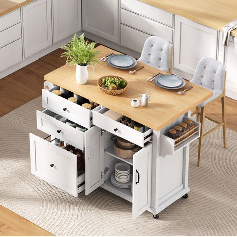 Isla de cocina 107/45-70/90,5 cm blanco y natural con tablero extensible, almacenaje y ruedas (1/5)