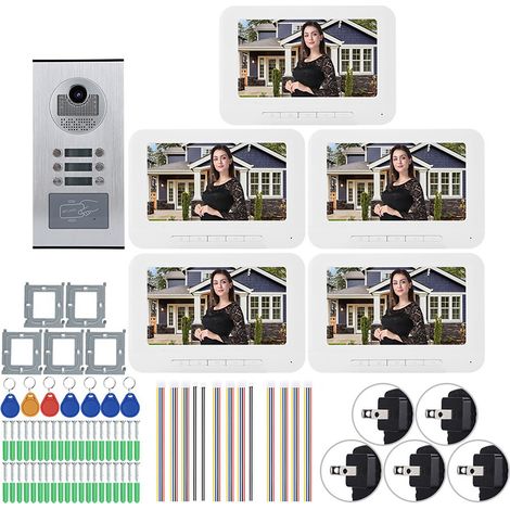 Appartement 5 pièces, 7 pouces, 1000TVL HD vidéophone interphone avec caméra IR, sonnette (100V-240V, prise US) (1/5)