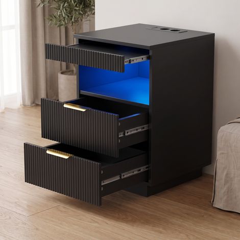 Comodino nero 40x40x60cm con prese elettriche e usb - tavolino da notte moderno con 2 cassetti e vano aperto led - mobiletto camera da letto stile lusso - nero e oro (1/5)
