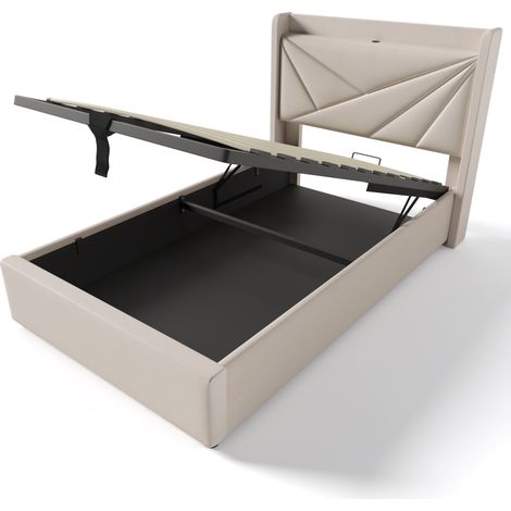 Letto singolo imbottito con contenitore 90x200 cm, testiera con USB e Type-C, beige, MODENUIT (1/5)
