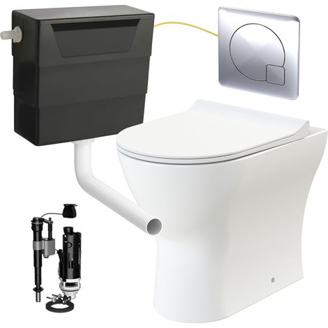 Rimless D Shape Back to Wall Toilet Pan with Soft Close Seat & Concealed Cistern Chrome Plate Button (1/5)