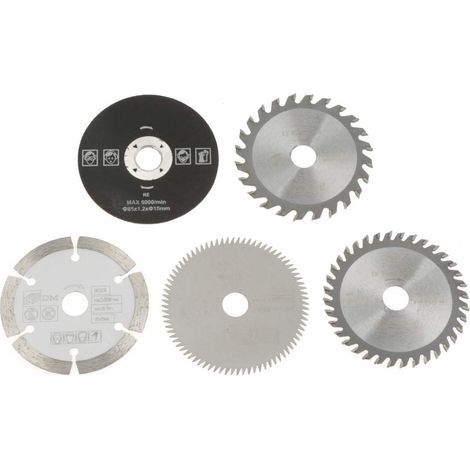 Lot de 5 lames de scie circulaires miniatures en carbure de tungstène (24 dents TCT/plastique, 36 ou 80 dents HSS/diamant/résine), de diamètre intérieur 85 mm et d'épaisseur 15 mm. Durables. (1/5)