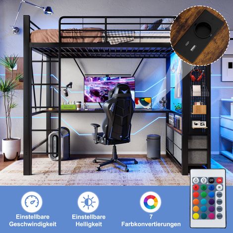 Lit mezzanine 90 x 200 cm, structure en fer, avec bureau, étendoir, étagères, 4 tiroirs, prises USB et Type-C, bande LED, rambarde, échelle, panneau perforé, matelas non inclus, noir (1/5)