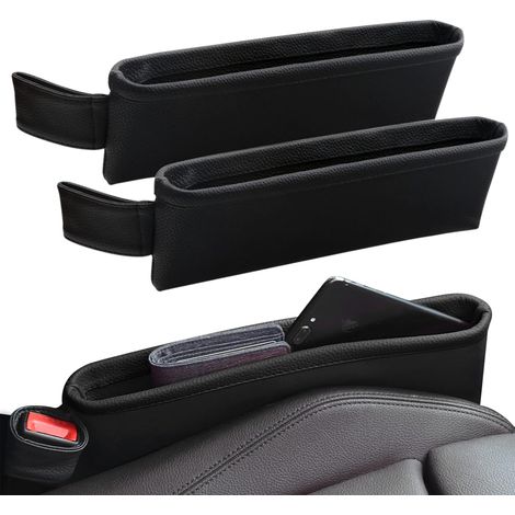 Lot de 2 organisateurs de rangement en cuir pour sièges auto - Plateau de rangement pour console centrale - Téléphone, portefeuille, clés, lunettes de soleil - Noir (1/4)