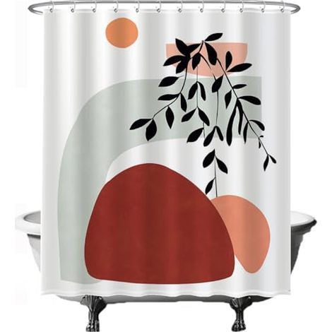 Rideau de Douche - Soleil Montagne Abstrait Bohème Naturel Bohème - 180 x 200 cm - Anti Moisissure - Lavable - Imperméable - avec 12 Anneaux - Rouge Orangé Vert (1/4)