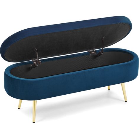 Banco de almacenamiento ovalado de terciopelo azul con patas metálicas 110x40x42 cm HOMVRA (1/5)