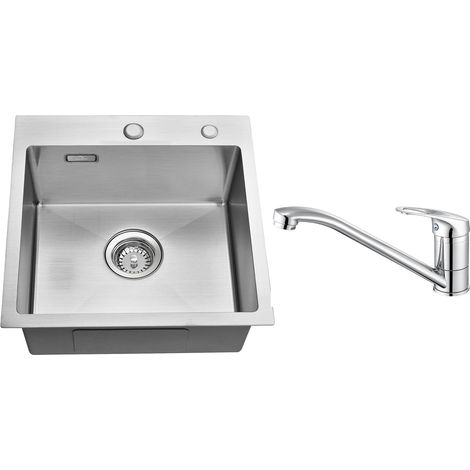 Évier 1 Bac 45x45x19CM Évier à Encastrer en Inox avec Mitigeur de Cuisine Rotatif à 360°, et Ensemble de Drainage (1/5)