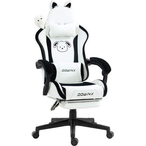 Gaming-Stuhl, Niedliche Hunde-Edition, ergonomischer Computerstuhl mit hoher Rückenlehne und Lendenwirbelstütze, PU-Leder, Fußstütze, weißer Hunde-Print