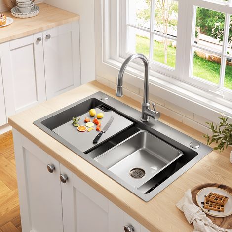 Évier de cuisine encastrable 75 x 45 x 22 cm en acier inoxydable PVD avec planche à découper, panier égouttoir, double filtre et 3 trous de robinet – CHICFURN (1/5)