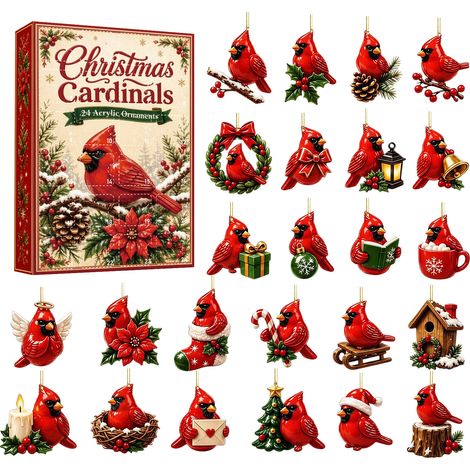 Adventskalender 2026 – 24-teilig – rot – Acryl – 8 cm flache Hängeornamente – Retro-Design mit Kardinalvogel – Christbaumschmuck – geeignet für Weihnachten und als Dekoration im Innenbereich (1/5)