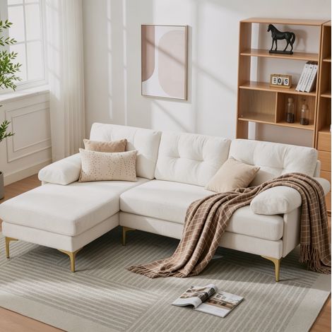 Sofá de 3 plazas, 187 cm de ancho, tapicería de chenilla, respaldo regulable, sofá cama reversible, 3 cojines de asiento, patas metálicas, color beige (1/5)