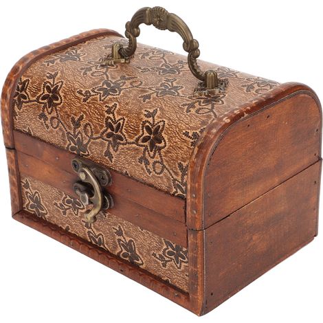 Klassische Schmuckschatulle mit klarer Druckstruktur, bronzefarbenem Verschluss, aus verdicktem Verbundholz, tragbarer Retro-Schmuckkoffer (1/5)