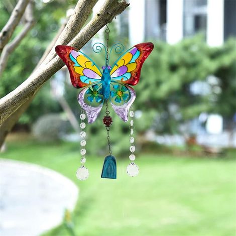 Cloche papillon en fer forgé, décoration suspendue pour jardin et maison, pendentif cristal double papillon, 42x24 cm (1/4)