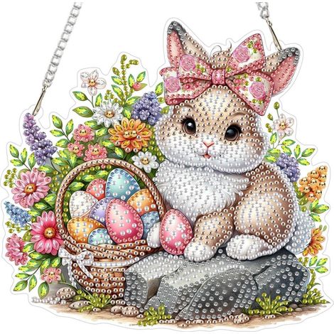 Diamond Painting Anhänger Osterhase mit Blumen, Fensterdeko Hängend, DIY Set (1/4)