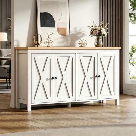 Buffet 140x40x78cm 4 portes design en X avec poignées noires - Buffet salon - Meuble de rangement moderne blanc MDF avec 2 étagères (1/5)