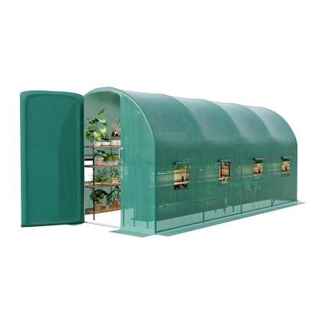 Serre tunnel jardin 4,5x2,1x2,1 m, cadre acier galvanisé, bâche PE, 8 fenêtres grillagées, porte coulissante, adaptée à la culture de légumes et plantes (1/5)