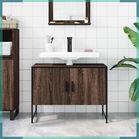 Armoire lavabo de salle de bain - 842465 - chêne marron - bois d'ingénierie & acier - 80 x 33 x 60 cm (1/5)