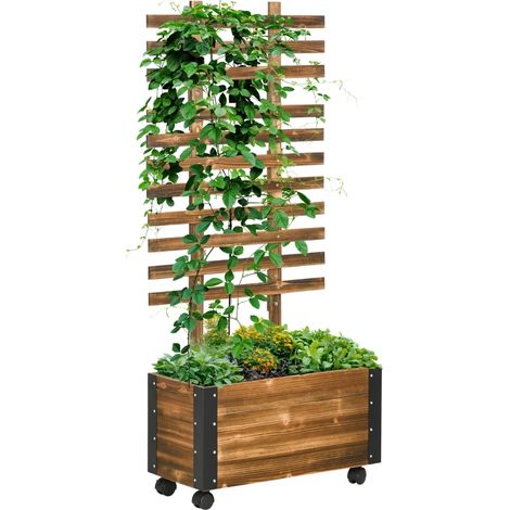 Huerto elevado con enrejado, 4 ruedas, madera tratada, 65 x 31 x 147 cm, negro y marrón (1/4)