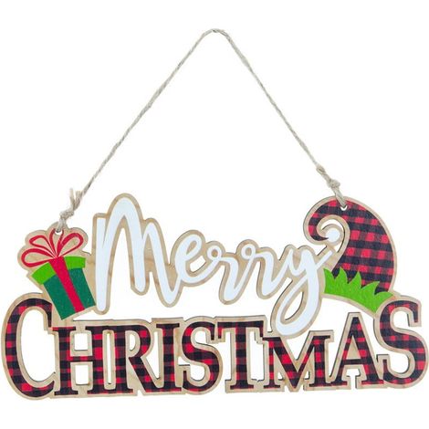 Décoration Suspendue Noël - Bois Écologique - Pour Porte Extérieur Intérieur - 22 x 10,5 cm - Rouge - 1 Pièce (1/2)