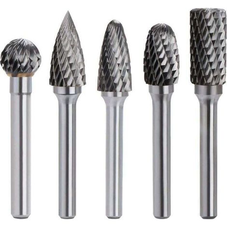 Kit de 5pcs Fraises Rotatives en Carbure de Tungstène Double Coupe Tige 6mm Tête 10mm Outil Dremel Perceuse Ponceuse Electrique Pour la sculpture sur métal, le polissage, la gravure (1/4)
