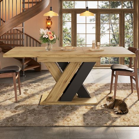 Tavolo da pranzo - Tavolo allungabile 119–158,5×80×75 cm, sala da pranzo/cucina, piano in MDF, gambe a X, nero (1/5)