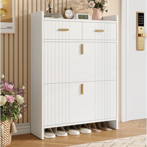 Zapatero estrecho blanco con 2 cajones y 2 compartimentos abatibles OKWISH 75 x 24 x 108,5 cm (1/5)