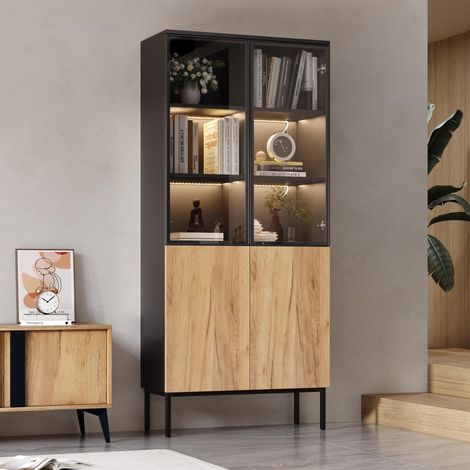 Vitrine 180cm avec portes vitrées, éclairage LED, 5 niveaux, pour collections et livres, noir et chêne (1/5)