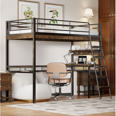 MEUBLIV Hochbett 90x200 cm Schwarz – mit Schreibtisch und Regalen, ohne Matratze (1/5)