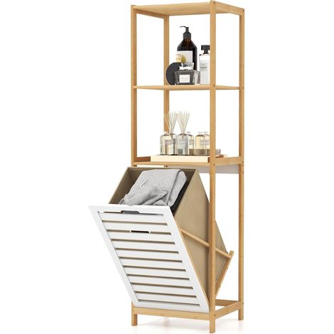COSTWAY Cesto per Bucato a 4 Livelli con Ribaltamento in Bambù, Scaffale per Bagno, 36x33x130 cm (1/5)